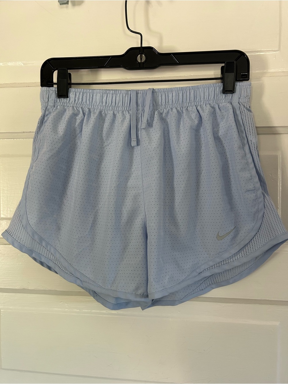 Nike Women's Pale Blue Mesh, Lined Running Shorts, Tie Waist. Size Medium